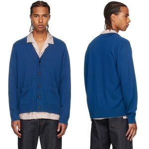 DRIES VAN NOTEN Merino Wool Side Stripe Cardigan Sweater in Blue